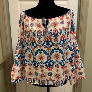 C+D+M White Blouse Multicolor Design Long Bell Sleeves NWT